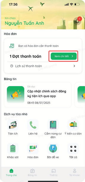 Slide hóa đơn và chỉ số tiêu thụ trên app